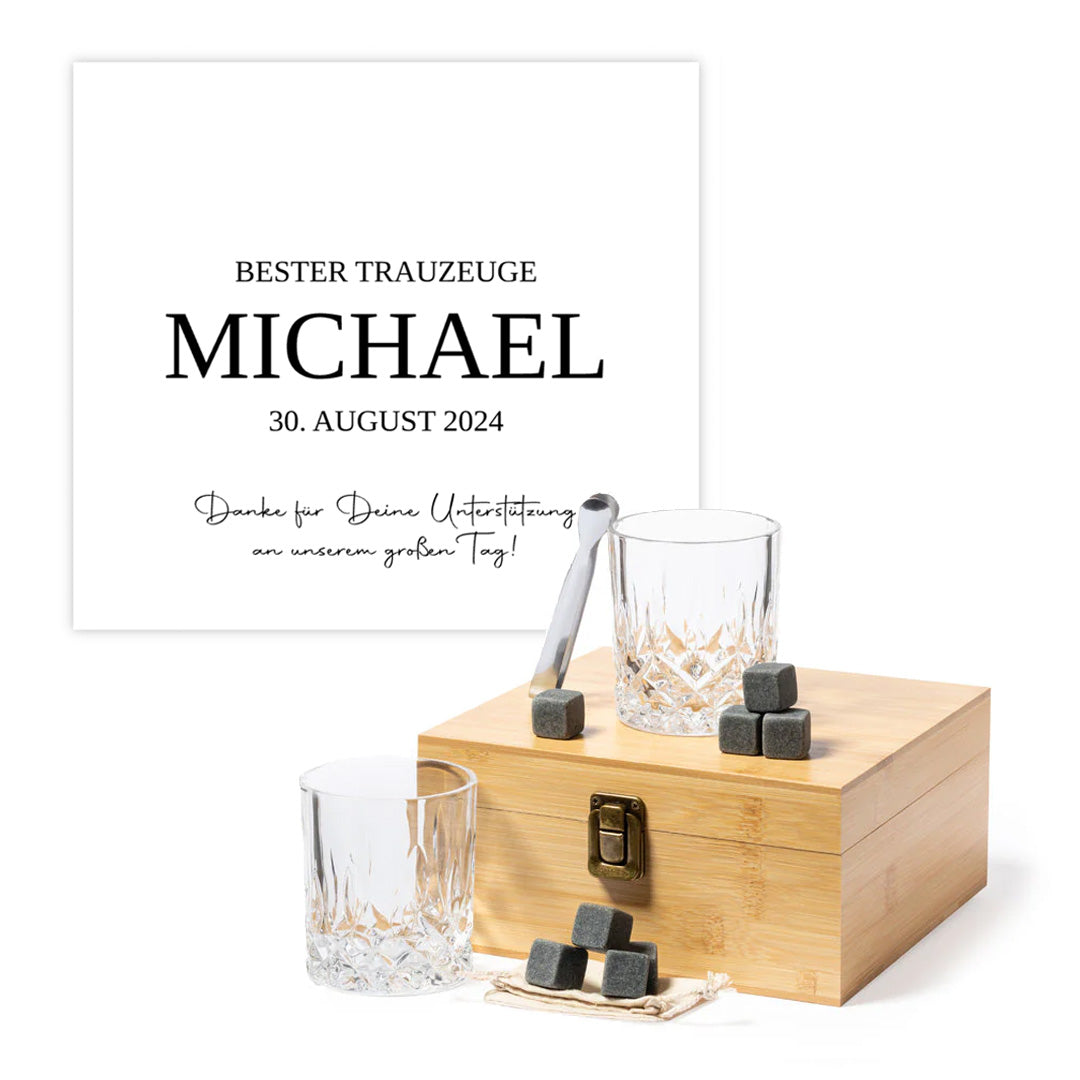 Whisky Set in elegantem Bambus-Etui mit personalisierter Gravur - Bester Trauzeuge