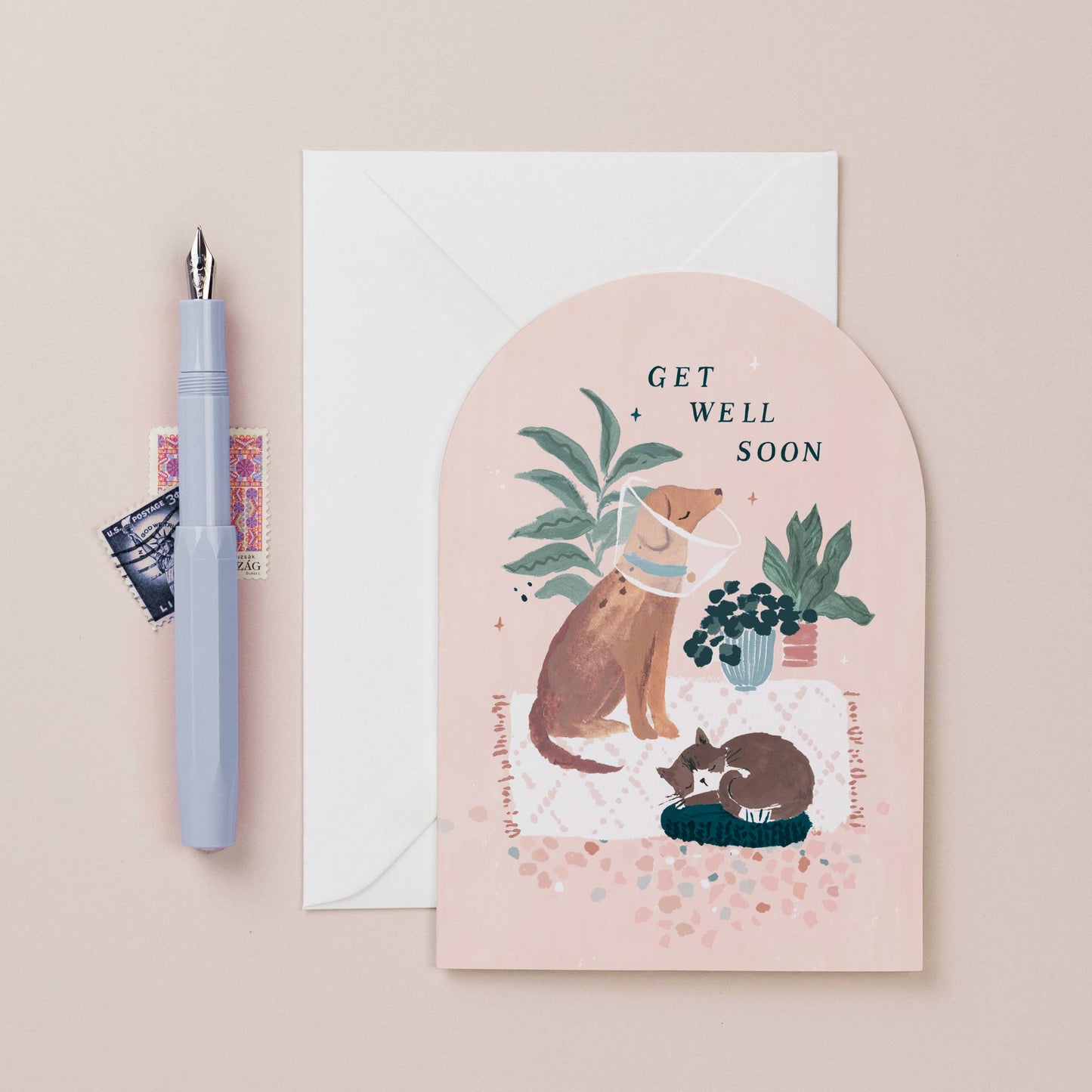 Gute Besserung Karte "Get well soon" mit Katze und Hund