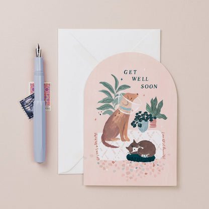 Gute Besserung Karte "Get well soon" mit Katze und Hund
