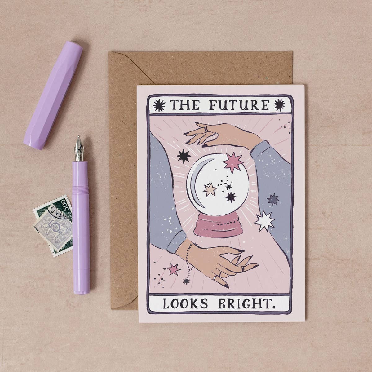 Glückwunschkarte "The future looks bright" im Stil einer Tarot-Karte