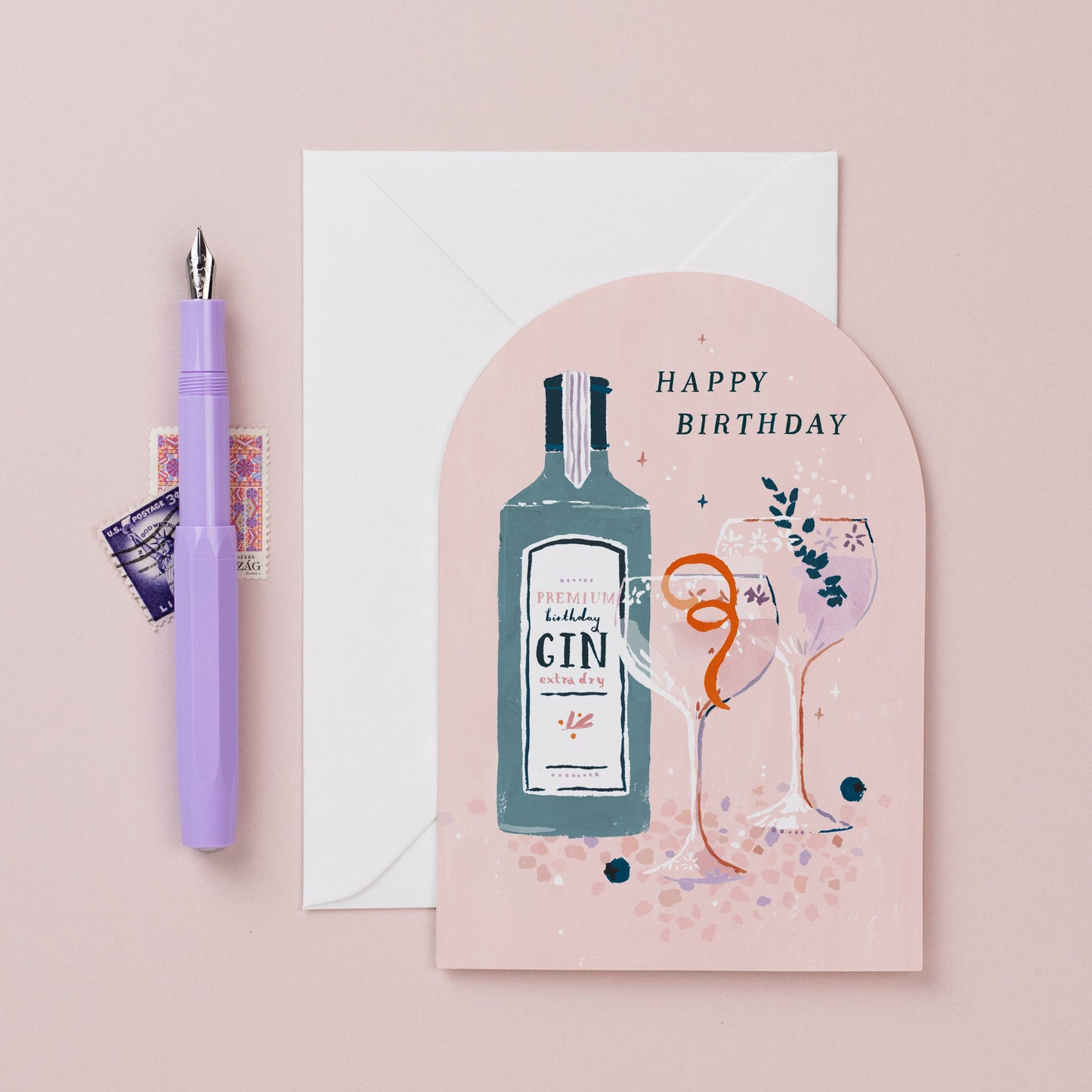 Geburtstagskarte "Happy Birthday" mit Gin-Flasche und Gläsern