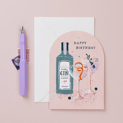 Geburtstagskarte "Happy Birthday" mit Gin-Flasche und Gläsern