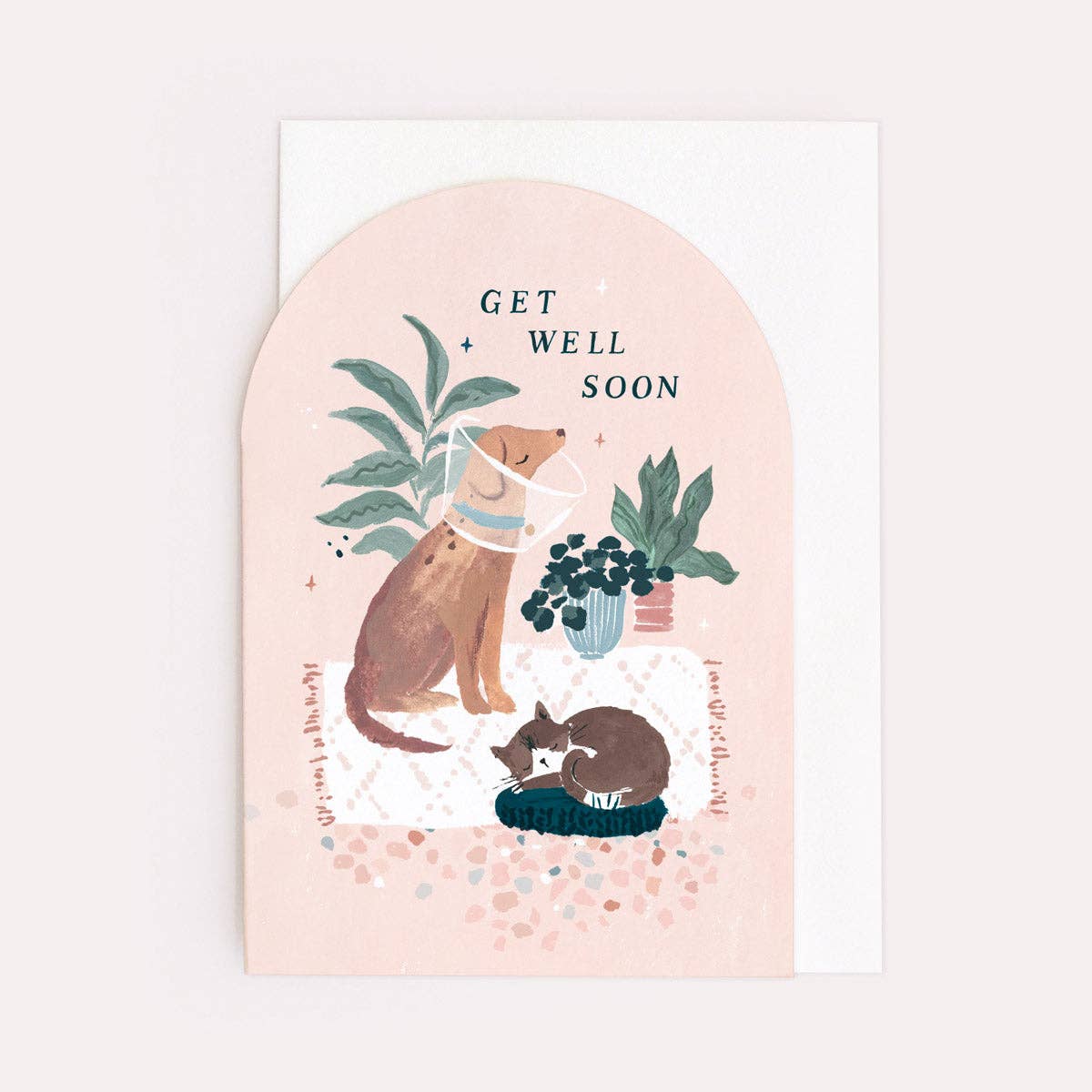 Gute Besserung Karte "Get well soon" mit Katze und Hund