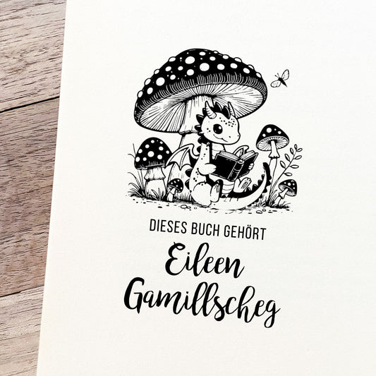 Ex Libris Stempel - Drache unter Fliegenpilz