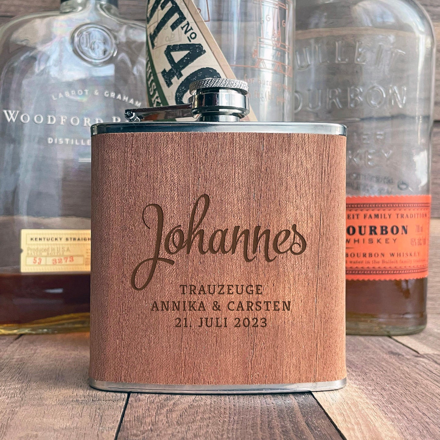 Personalisierter Flachmann mit Holzlaminat - Trauzeuge