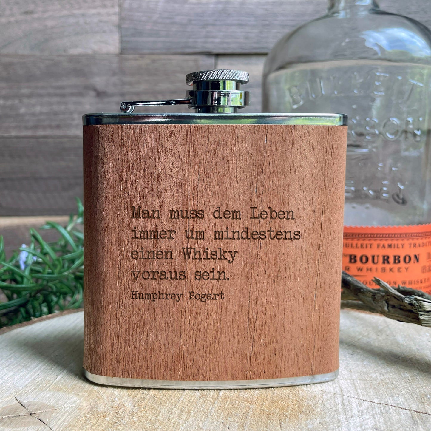 Personalisierter Flachmann mit Holzlaminat - Zitat