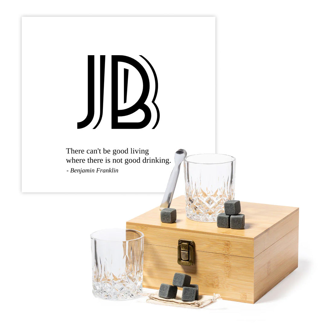 Whisky Set in elegantem Bambus-Etui mit personalisierter Gravur - Initialen