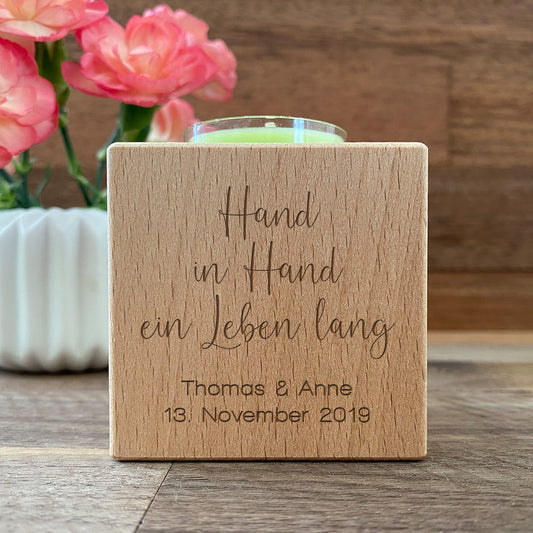 Personalisierter Teelichthalter zur Hochzeit - Hand in Hand...